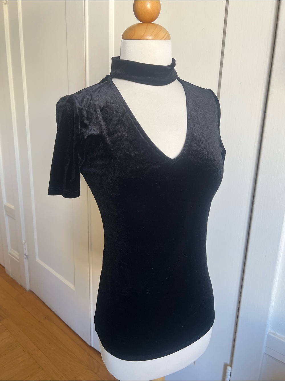 Ambiance Black Velvet Cutout Choker V-Neck Women's Top